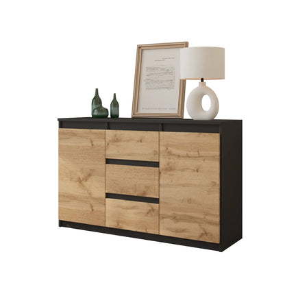 MIKEL - Kommode / Sideboard mit 3 Schubladen und 2 Türen - Anthrazit Grau / Wotan Eiche H75cm B120cm T35cm – Furnica