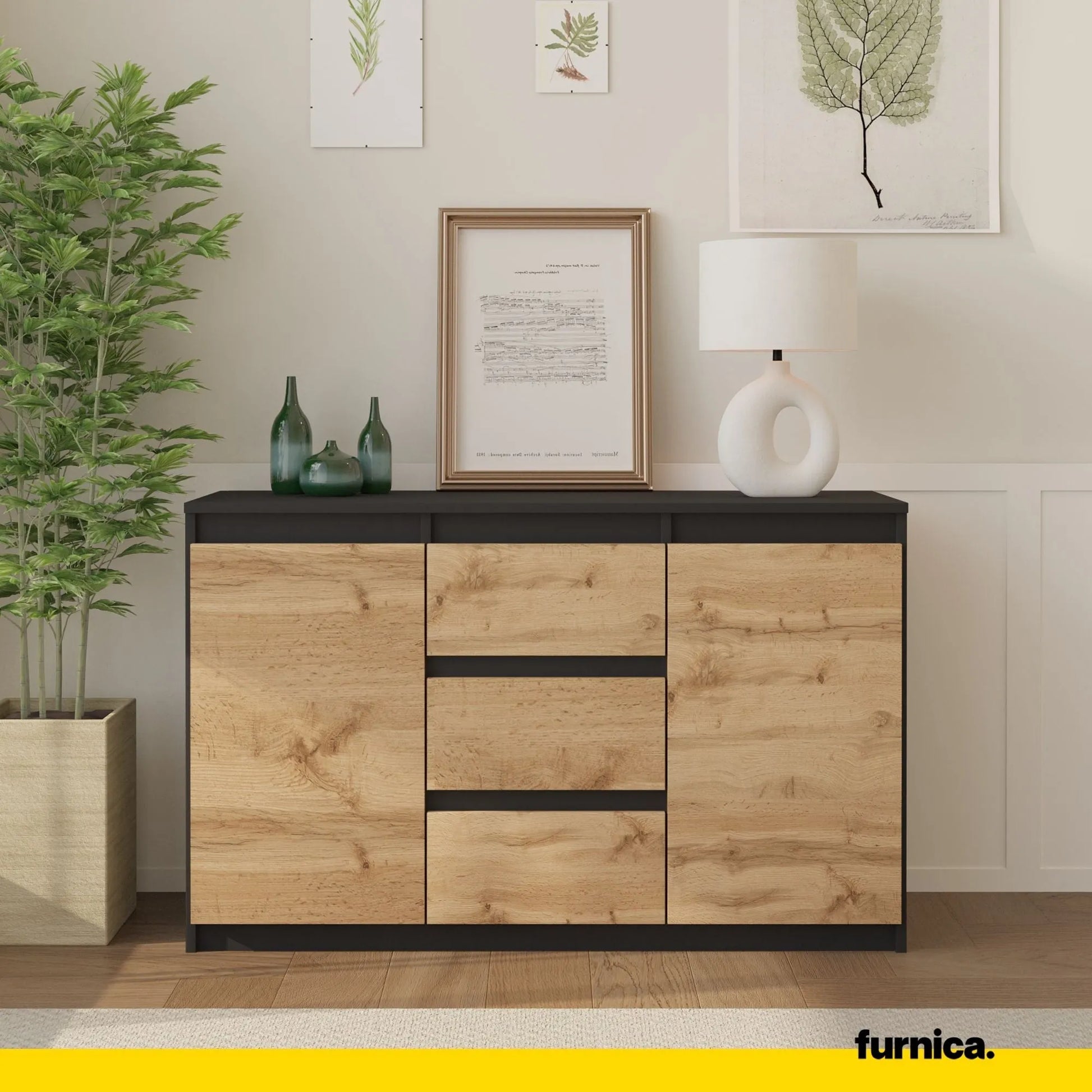 MIKEL - Kommode / Sideboard mit 3 Schubladen und 2 Türen - Anthrazit Grau / Wotan Eiche H75cm B120cm T35cm – Furnica