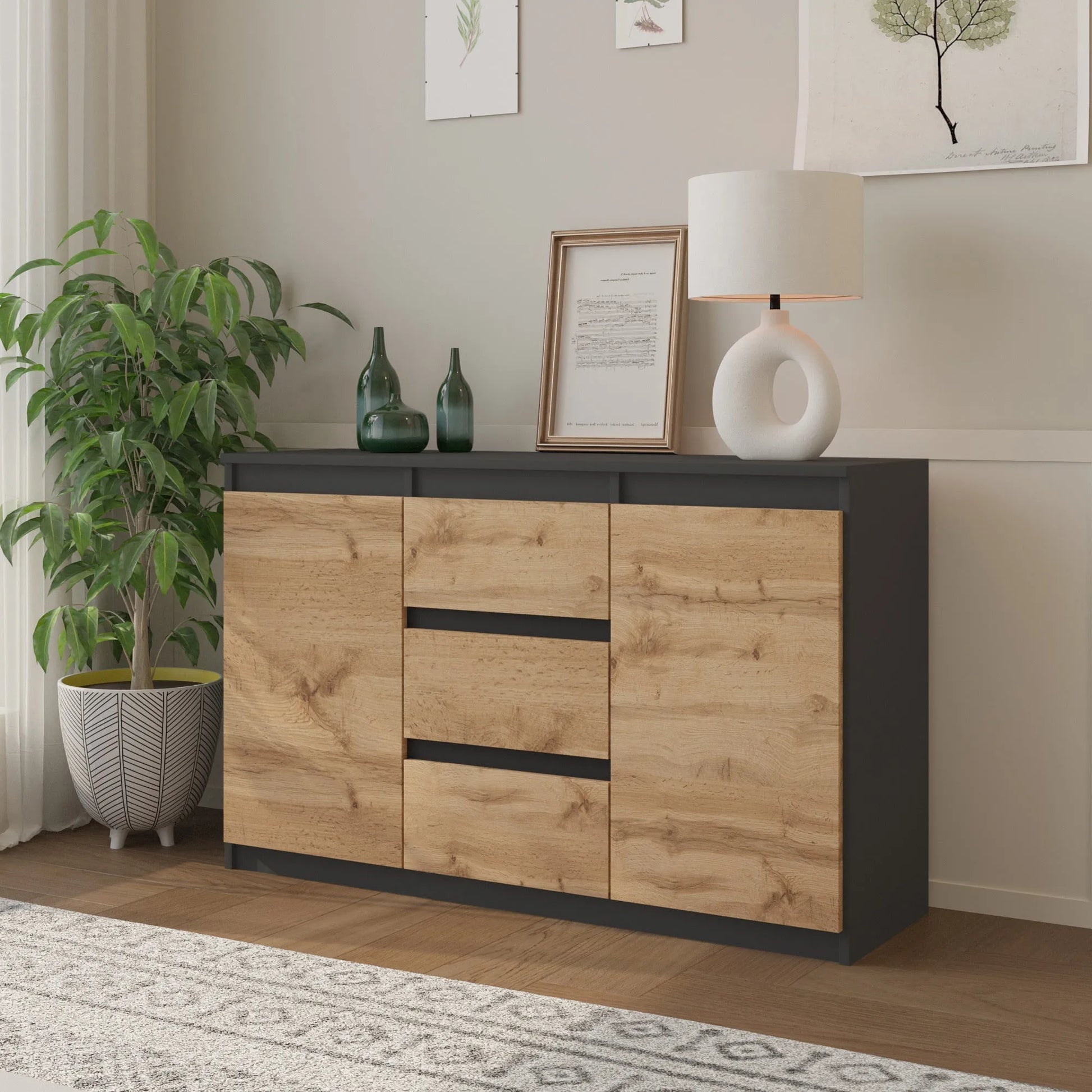 MIKEL - Kommode / Sideboard mit 3 Schubladen und 2 Türen - Anthrazit Grau / Wotan Eiche H75cm B120cm T35cm – Furnica