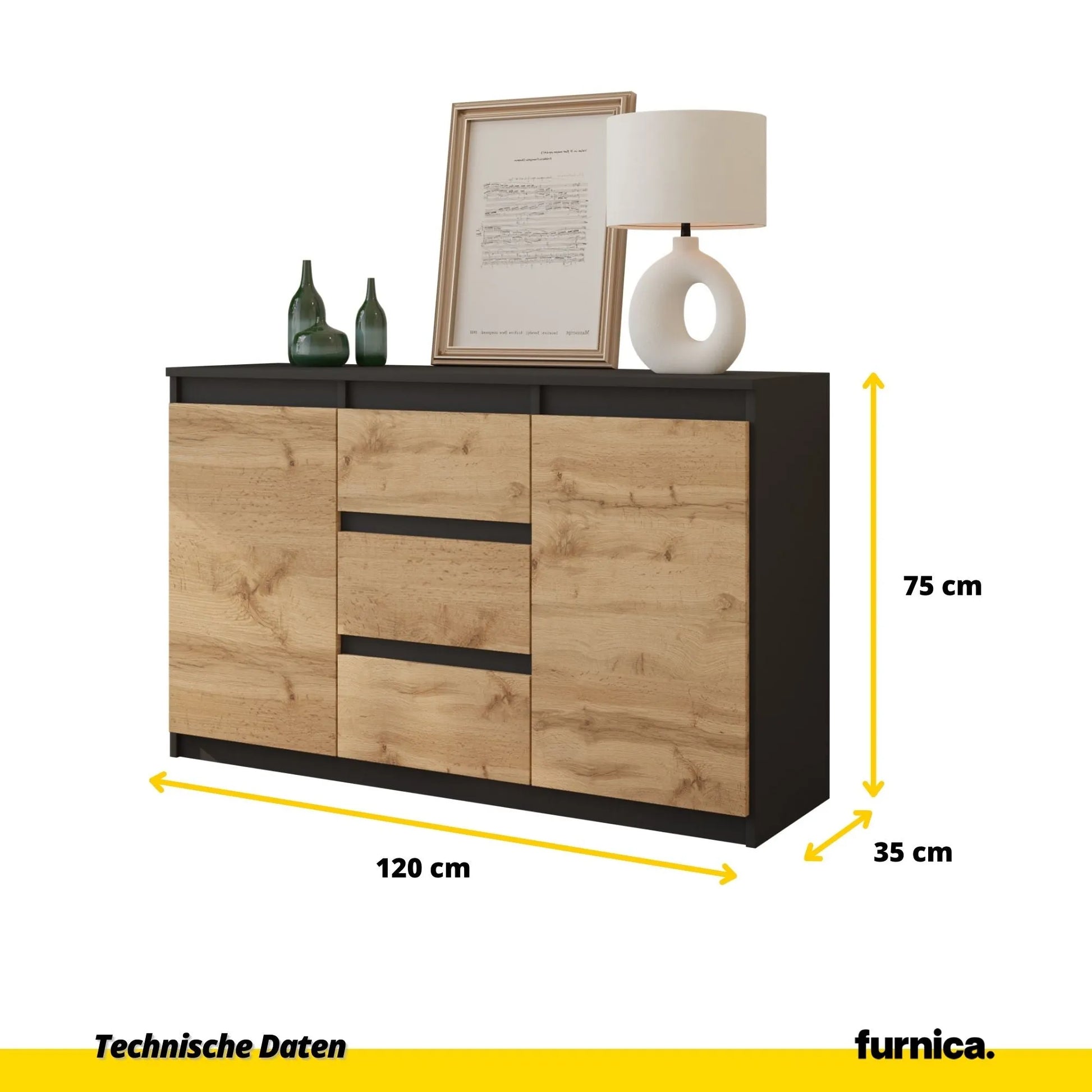 MIKEL - Kommode / Sideboard mit 3 Schubladen und 2 Türen - Anthrazit Grau / Wotan Eiche H75cm B120cm T35cm – Furnica
