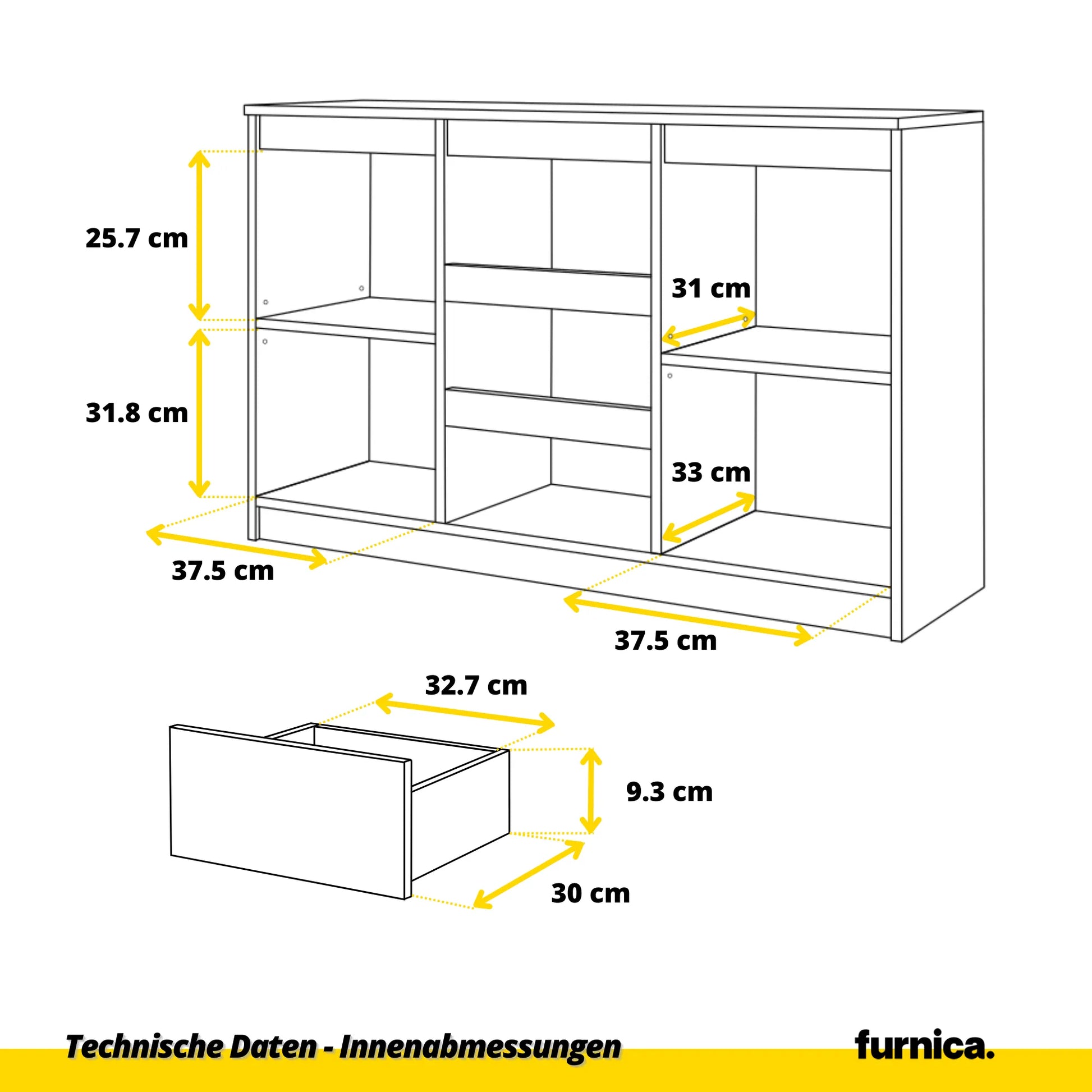 MIKEL - Kommode / Sideboard mit 3 Schubladen und 2 Türen - Anthrazit Grau / Wotan Eiche H75cm B120cm T35cm – Furnica