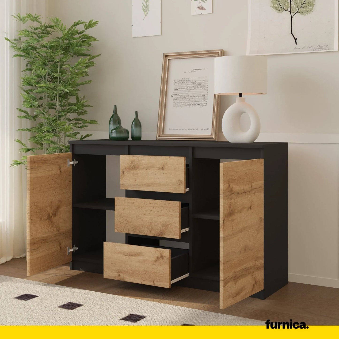 MIKEL - Kommode / Sideboard mit 3 Schubladen und 2 Türen - Anthrazit Grau / Wotan Eiche H75cm B120cm T35cm – Furnica