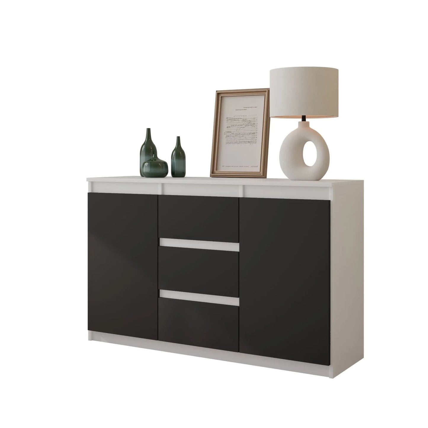 MIKEL - Kommode / Sideboard mit 3 Schubladen und 2 Türen - Weiß Matt / Anthrazit Grau H75cm B120cm T35cm – Furnica