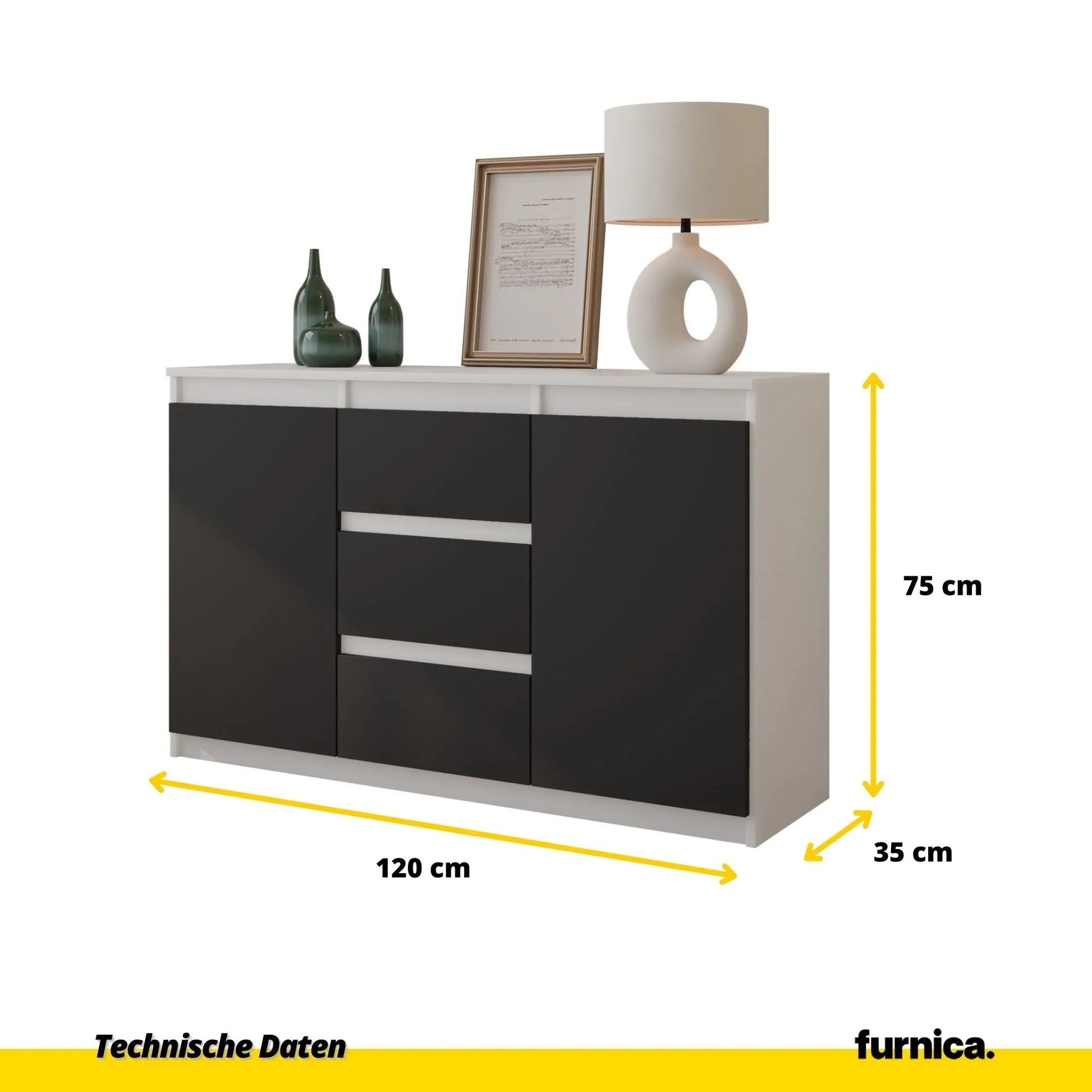 MIKEL - Kommode / Sideboard mit 3 Schubladen und 2 Türen - Weiß Matt / Anthrazit Grau H75cm B120cm T35cm – Furnica