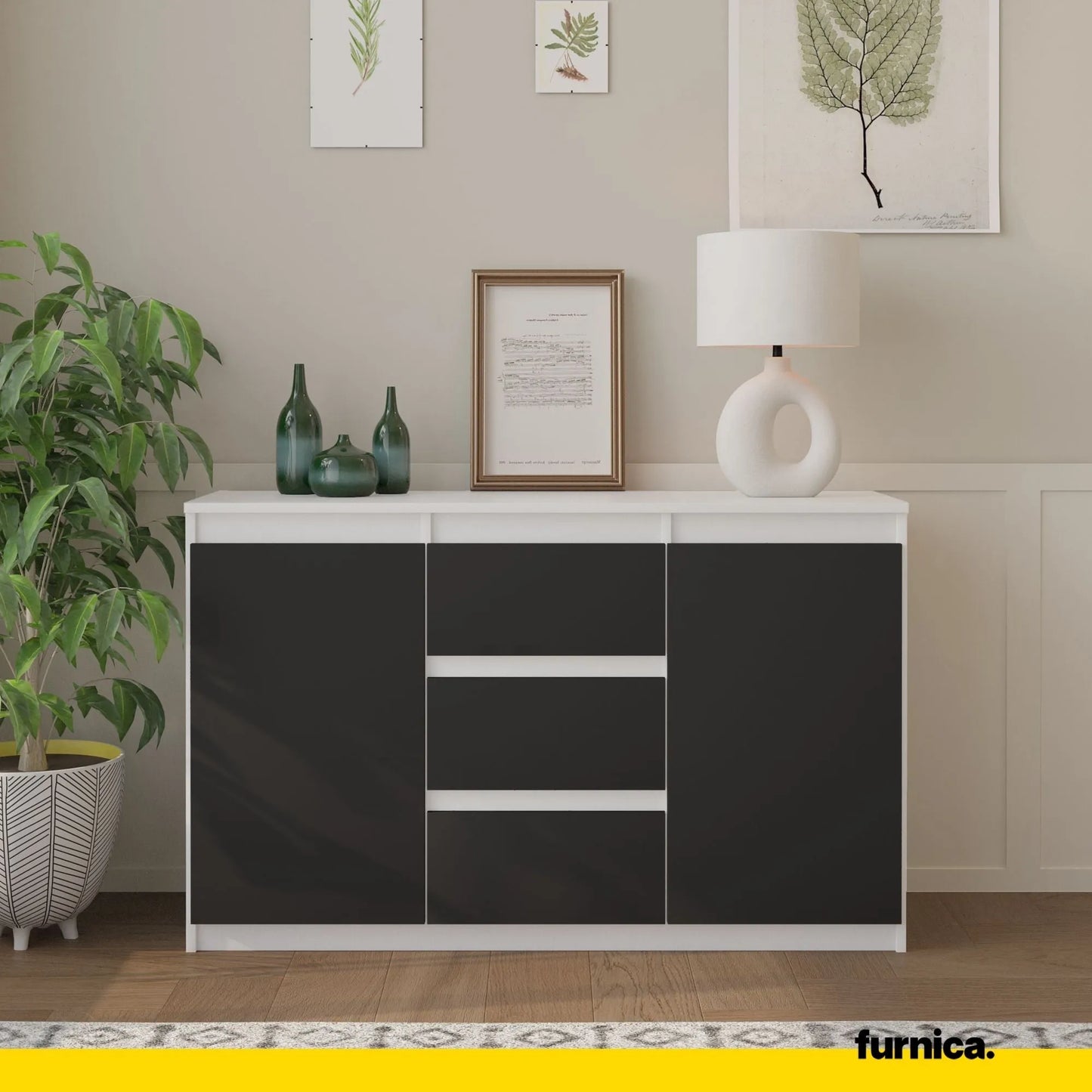MIKEL - Kommode / Sideboard mit 3 Schubladen und 2 Türen - Weiß Matt / Anthrazit Grau H75cm B120cm T35cm – Furnica