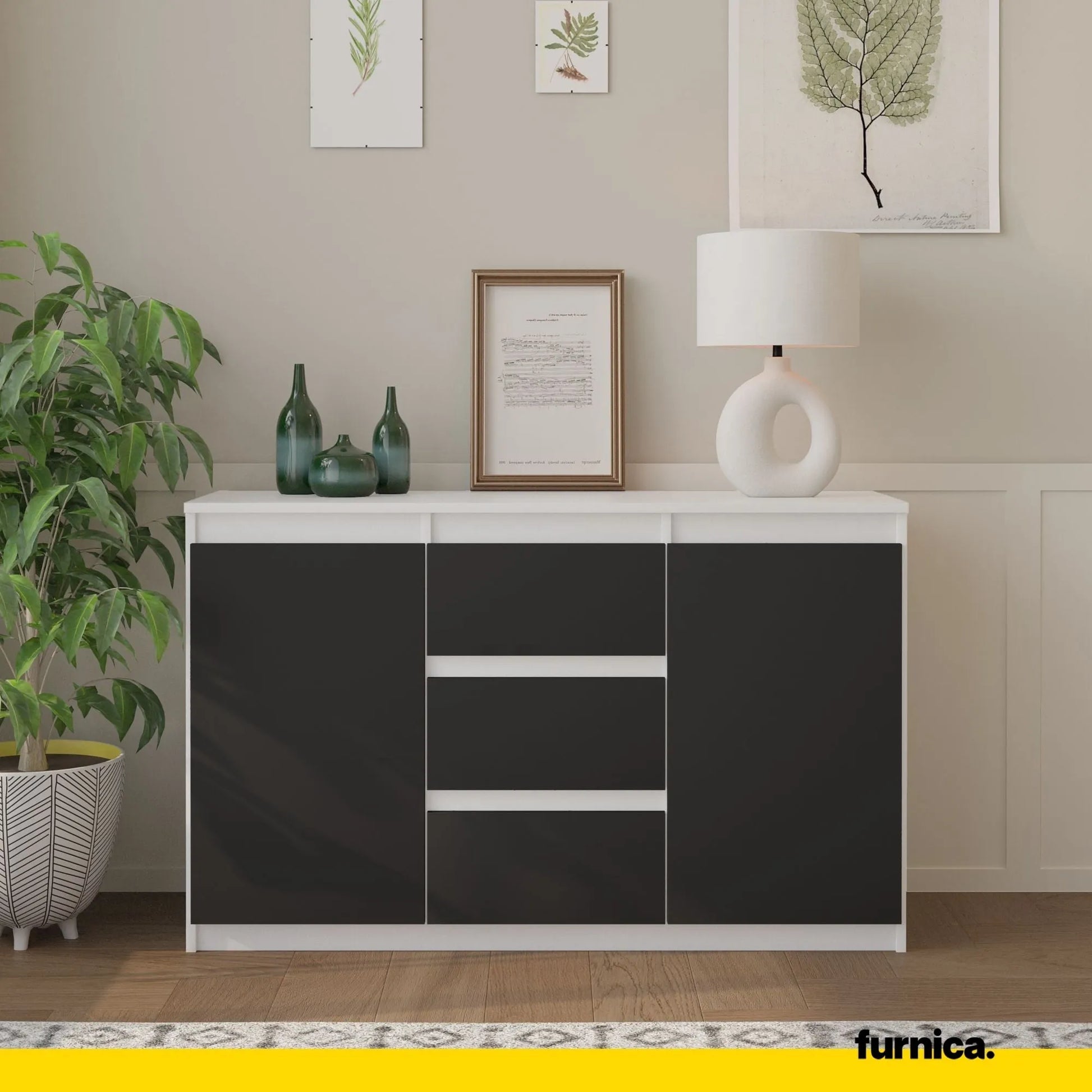 MIKEL - Kommode / Sideboard mit 3 Schubladen und 2 Türen - Weiß Matt / Anthrazit Grau H75cm B120cm T35cm – Furnica