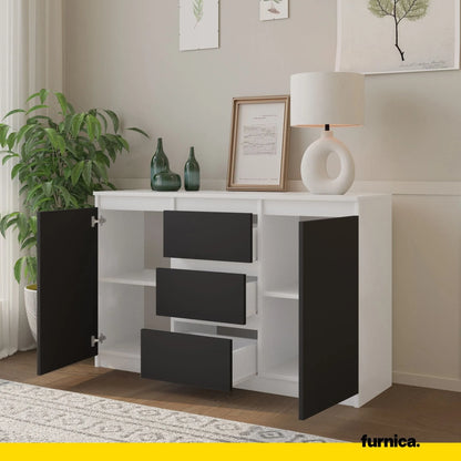 MIKEL - Kommode / Sideboard mit 3 Schubladen und 2 Türen - Weiß Matt / Anthrazit Grau H75cm B120cm T35cm – Furnica