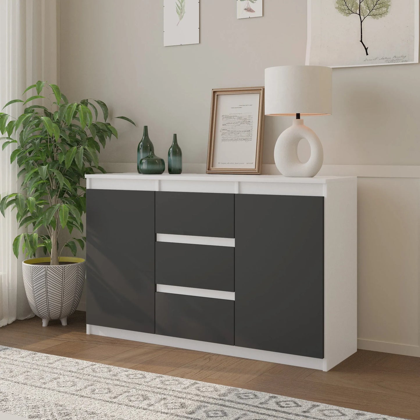 MIKEL - Kommode / Sideboard mit 3 Schubladen und 2 Türen - Weiß Matt / Anthrazit Grau H75cm B120cm T35cm – Furnica