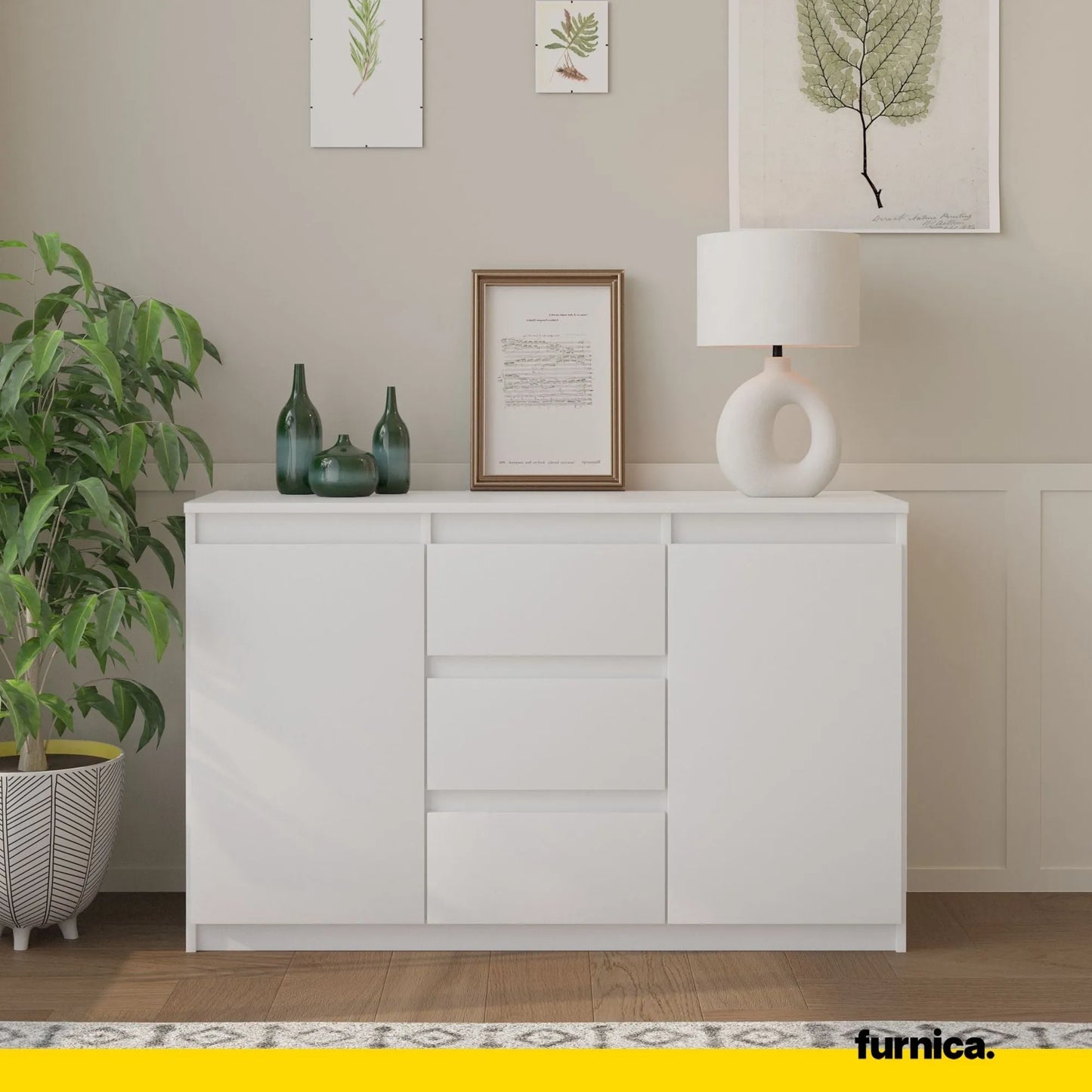 MIKEL - Kommode / Sideboard mit 3 Schubladen und 2 Türen - Weiß Matt H75cm B120cm T35cm – Furnica