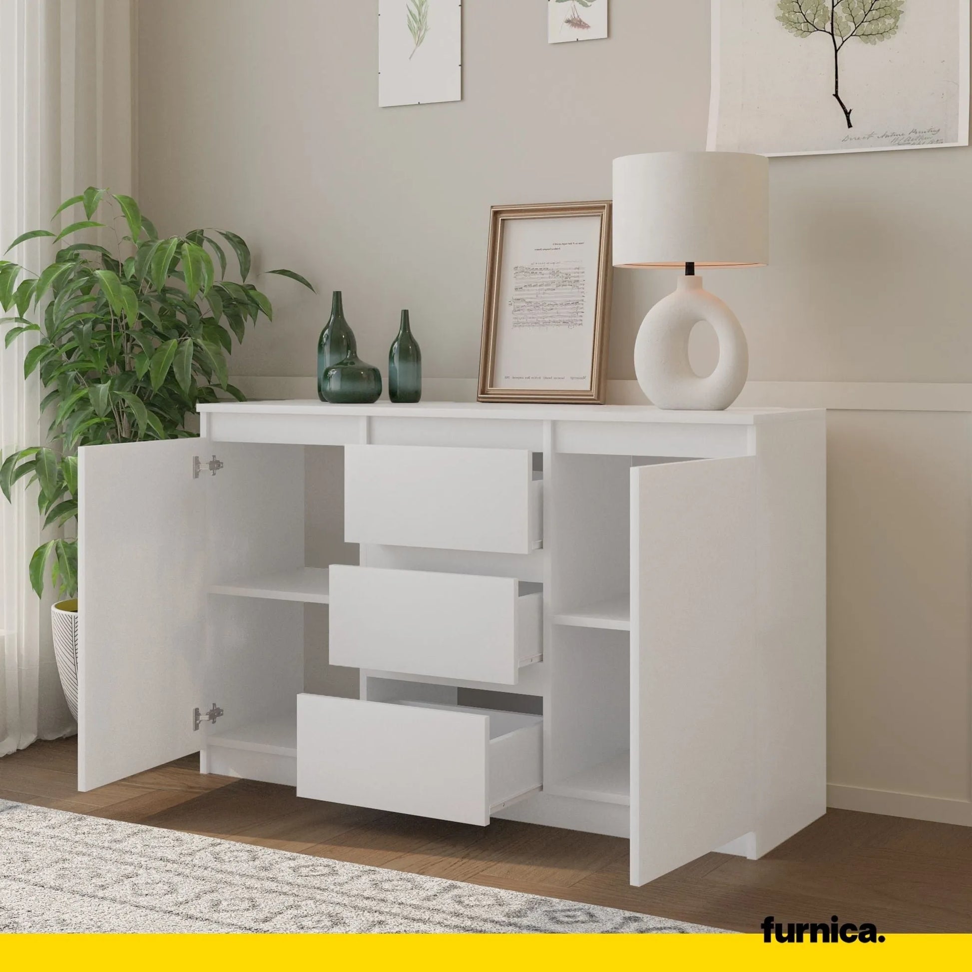 MIKEL - Kommode / Sideboard mit 3 Schubladen und 2 Türen - Weiß Matt H75cm B120cm T35cm – Furnica