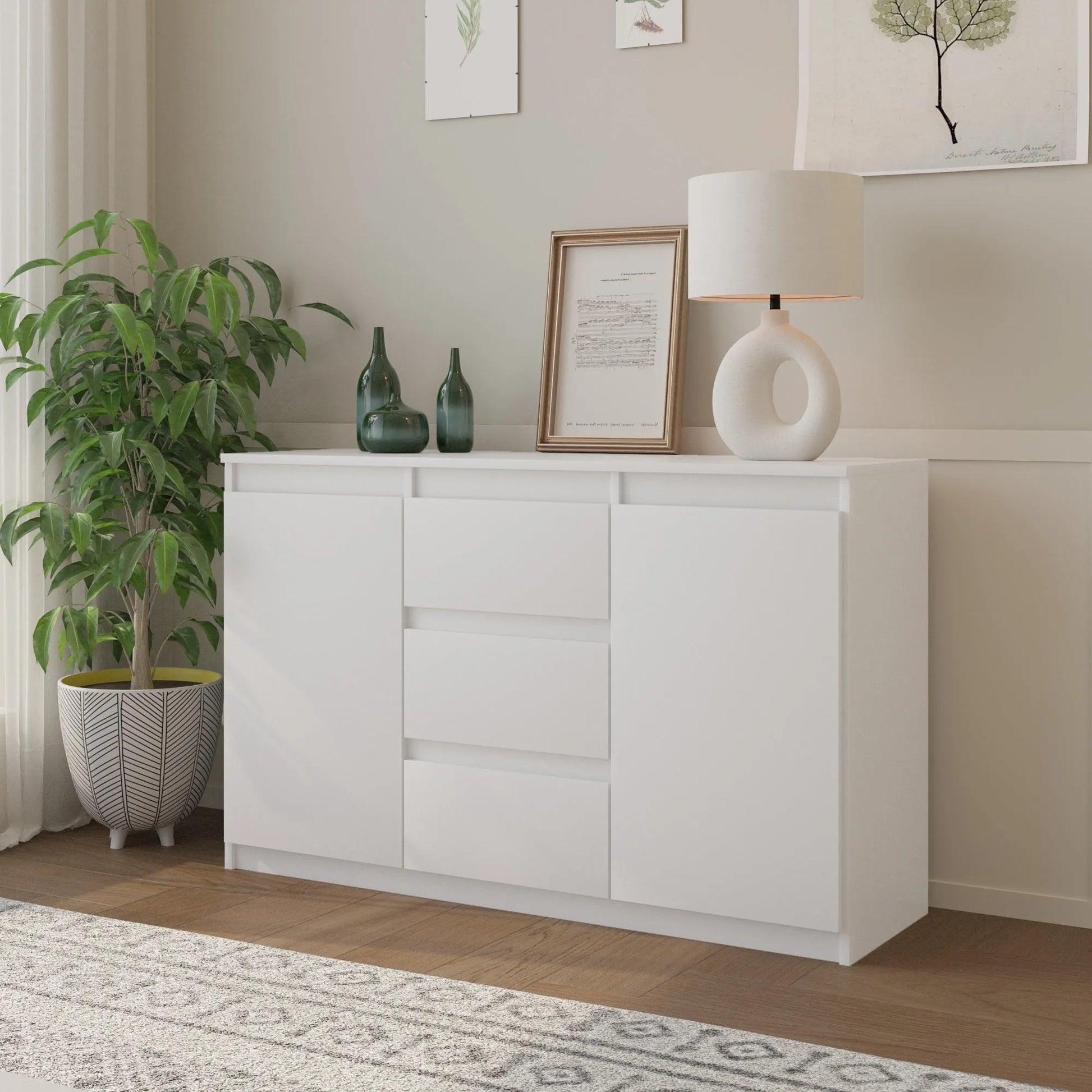 MIKEL - Kommode / Sideboard mit 3 Schubladen und 2 Türen - Weiß Matt H75cm B120cm T35cm – Furnica