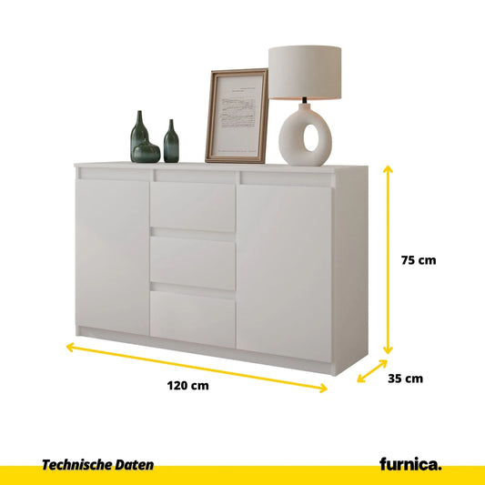 MIKEL - Kommode / Sideboard mit 3 Schubladen und 2 Türen - Weiß Matt H75cm B120cm T35cm – Furnica