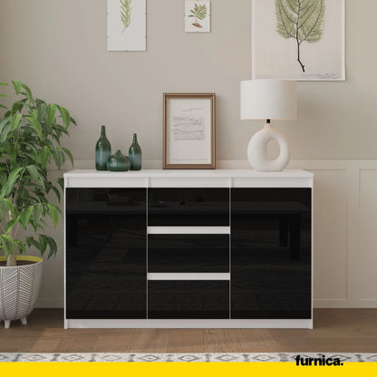 MIKEL - Kommode / Sideboard mit 3 Schubladen und 2 Türen - Weiß Matt / Schwarz Gloss H75cm B120cm T35cm – Furnica