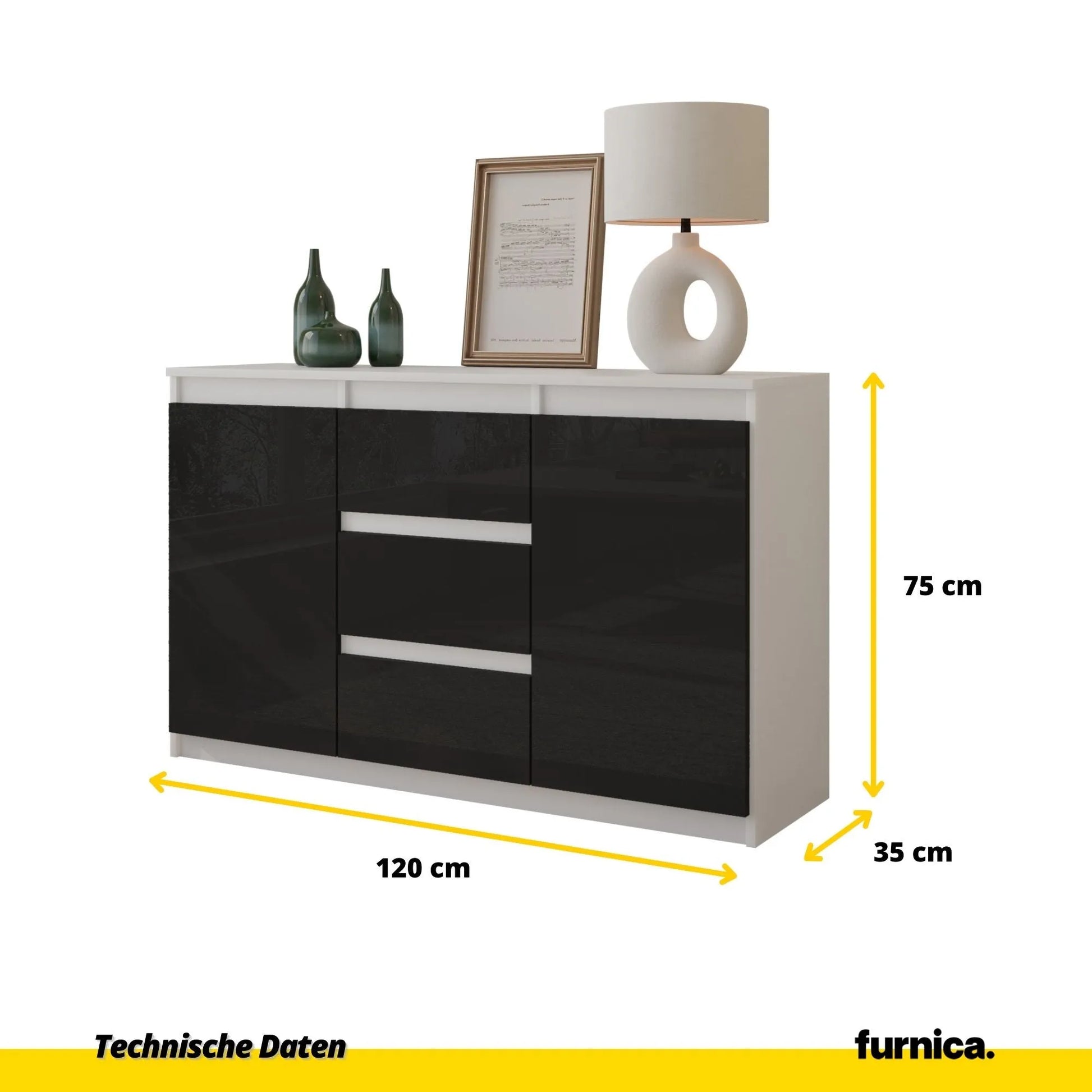 MIKEL - Kommode / Sideboard mit 3 Schubladen und 2 Türen - Weiß Matt / Schwarz Gloss H75cm B120cm T35cm – Furnica