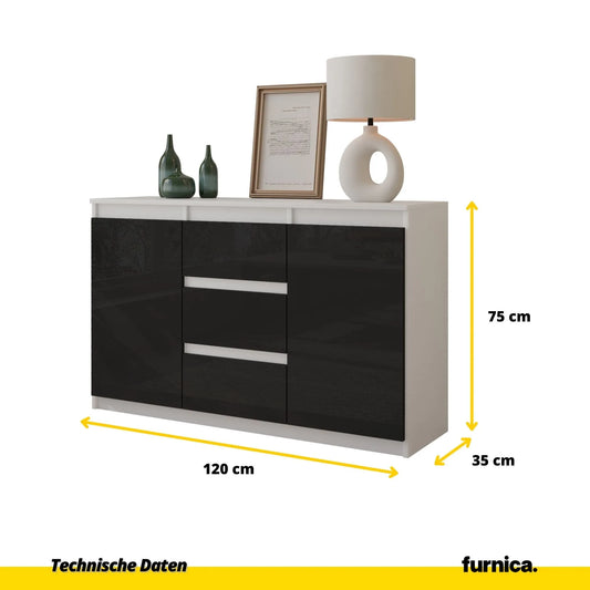 MIKEL - Kommode / Sideboard mit 3 Schubladen und 2 Türen - Weiß Matt / Schwarz Gloss H75cm B120cm T35cm – Furnica