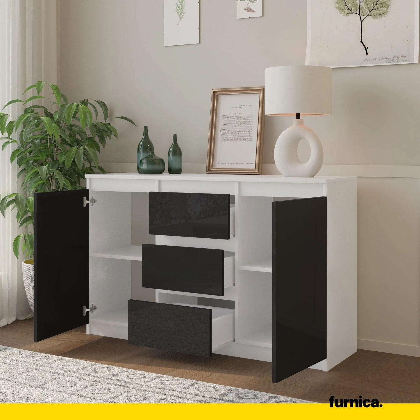 MIKEL - Kommode / Sideboard mit 3 Schubladen und 2 Türen - Weiß Matt / Schwarz Gloss H75cm B120cm T35cm – Furnica