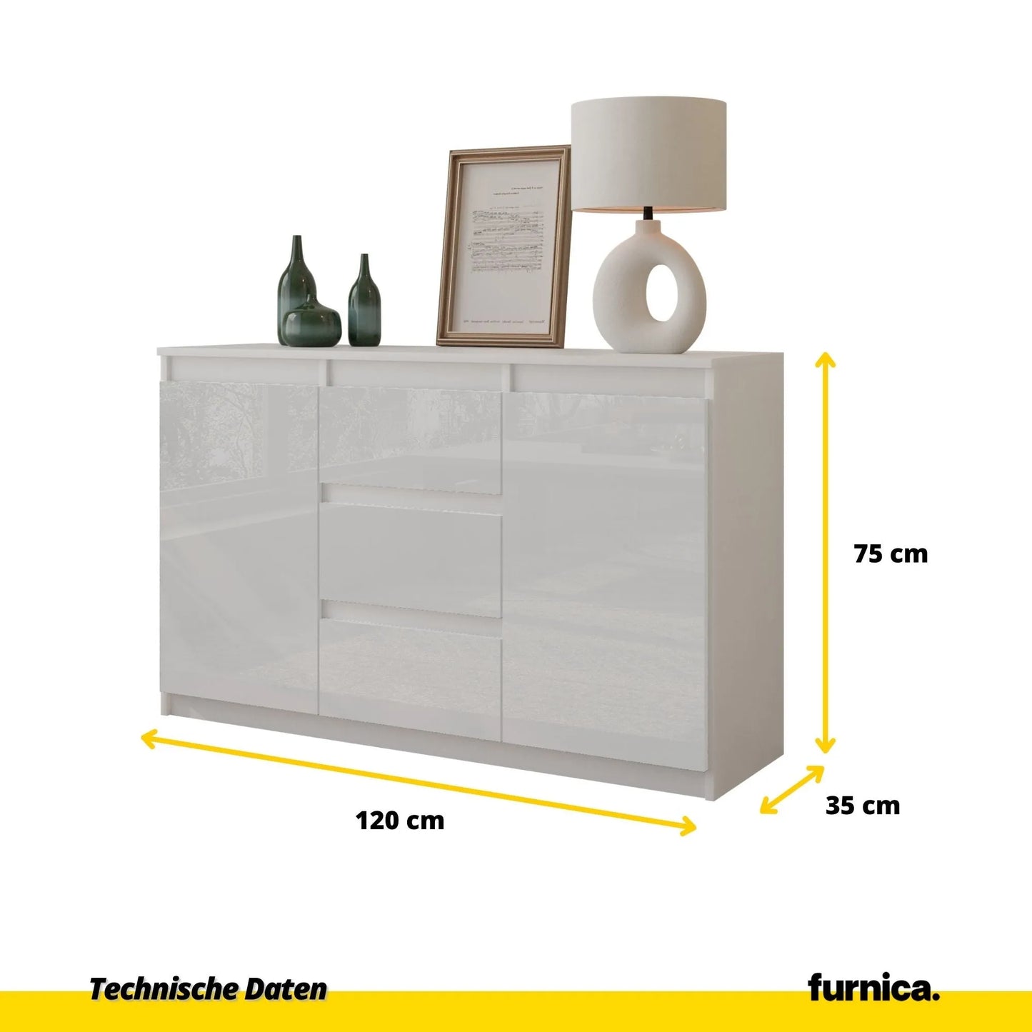 MIKEL - Kommode / Sideboard mit 3 Schubladen und 2 Türen - Weiß Matt / Weiß Gloss H75cm B120cm T35cm – Furnica