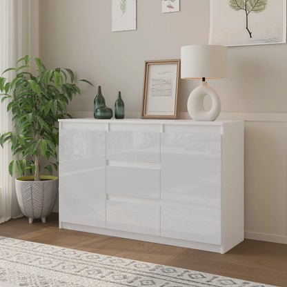 MIKEL - Kommode / Sideboard mit 3 Schubladen und 2 Türen - Weiß Matt / Weiß Gloss H75cm B120cm T35cm – Furnica
