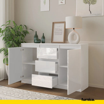 MIKEL - Kommode / Sideboard mit 3 Schubladen und 2 Türen - Weiß Matt / Weiß Gloss H75cm B120cm T35cm – Furnica