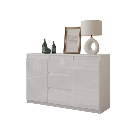 MIKEL - Kommode / Sideboard mit 3 Schubladen und 2 Türen - Weiß Matt / Weiß Gloss H75cm B120cm T35cm – Furnica