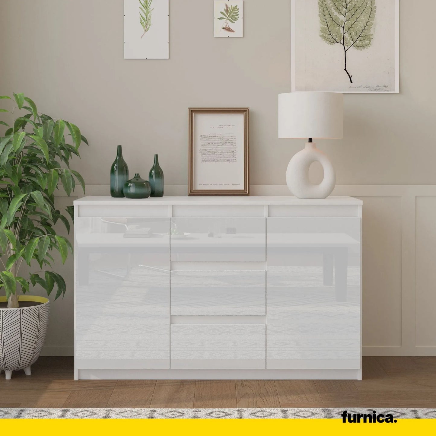 MIKEL - Kommode / Sideboard mit 3 Schubladen und 2 Türen - Weiß Matt / Weiß Gloss H75cm B120cm T35cm – Furnica