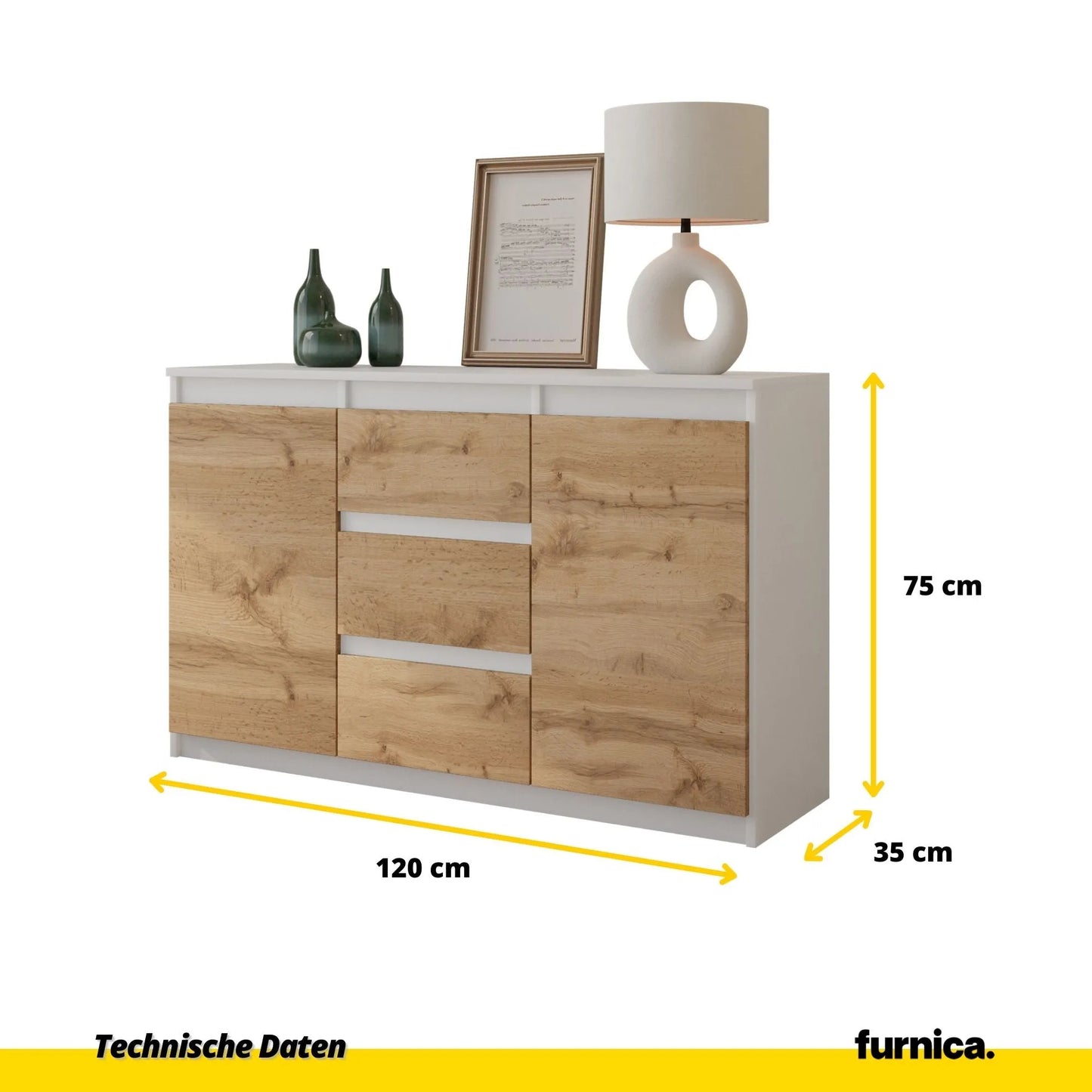 MIKEL - Kommode / Sideboard mit 3 Schubladen und 2 Türen - Weiß Matt / Wotan Eiche H75cm B120cm T35cm – Furnica