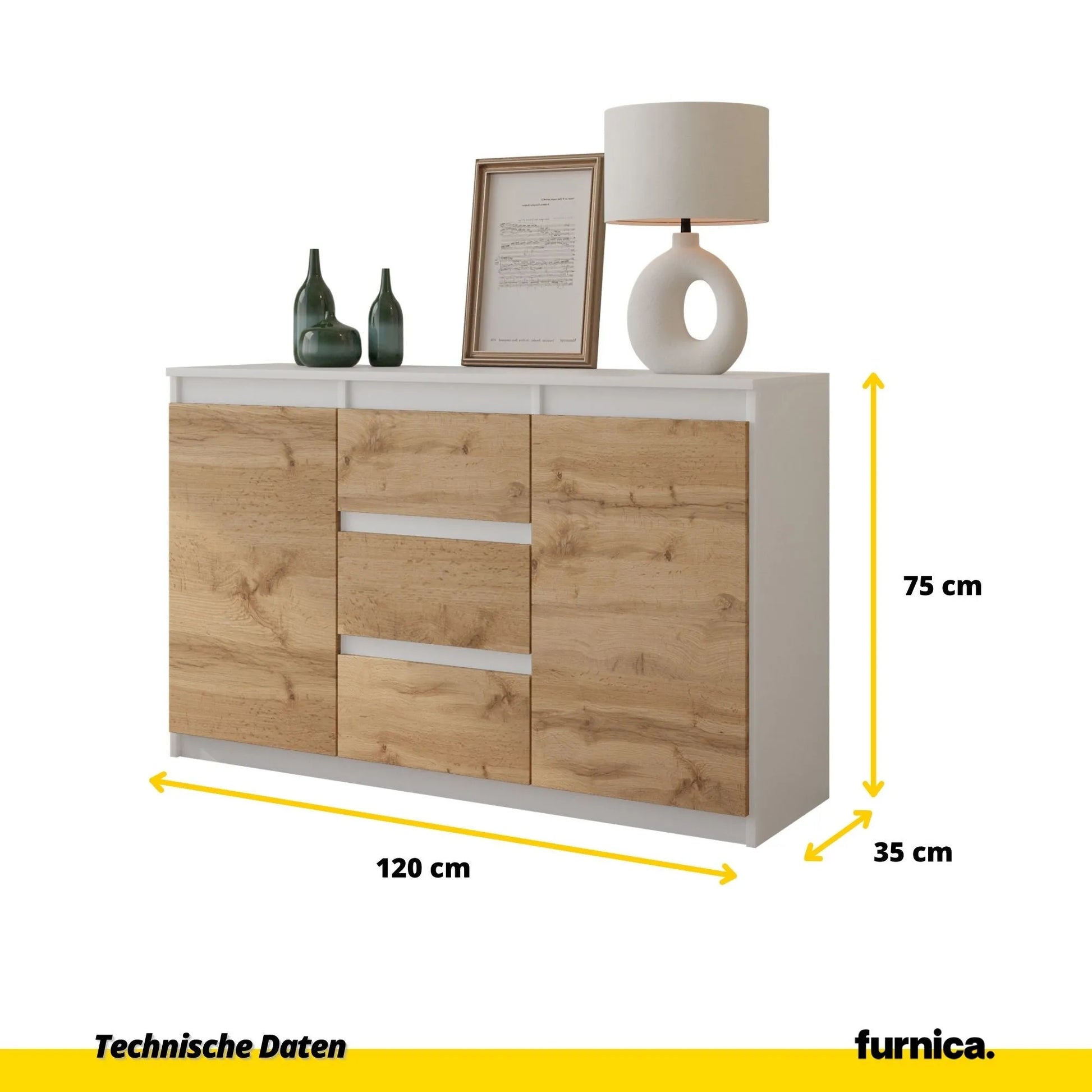 MIKEL - Kommode / Sideboard mit 3 Schubladen und 2 Türen - Weiß Matt / Wotan Eiche H75cm B120cm T35cm – Furnica