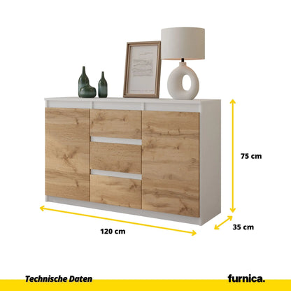 MIKEL - Kommode / Sideboard mit 3 Schubladen und 2 Türen - Weiß Matt / Wotan Eiche H75cm B120cm T35cm – Furnica