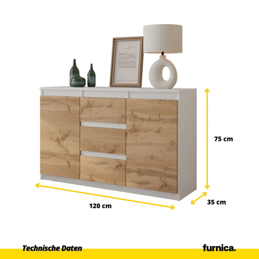 MIKEL - Kommode / Sideboard mit 3 Schubladen und 2 Türen - Weiß Matt / Wotan Eiche H75cm B120cm T35cm – Furnica