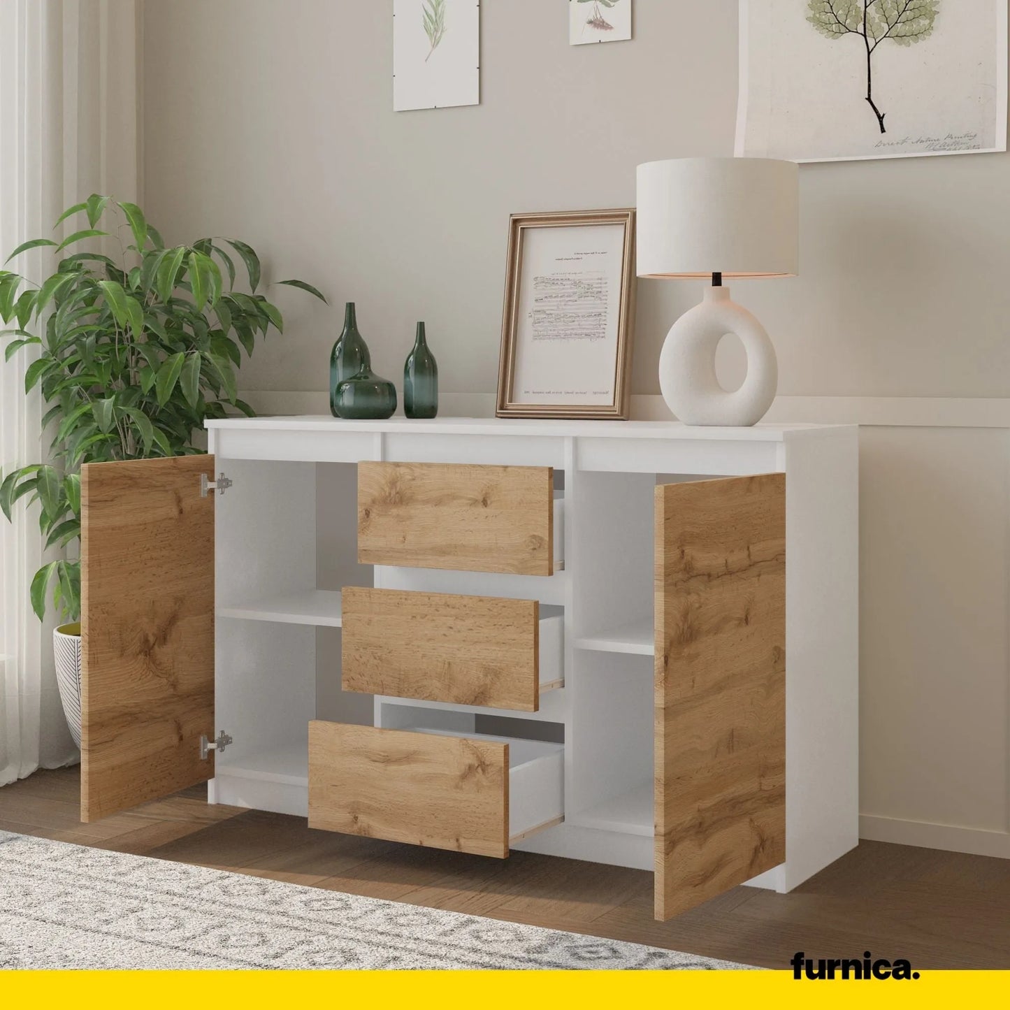 MIKEL - Kommode / Sideboard mit 3 Schubladen und 2 Türen - Weiß Matt / Wotan Eiche H75cm B120cm T35cm – Furnica