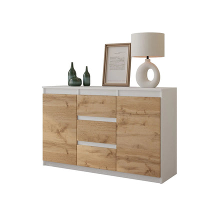 MIKEL - Kommode / Sideboard mit 3 Schubladen und 2 Türen - Weiß Matt / Wotan Eiche H75cm B120cm T35cm – Furnica