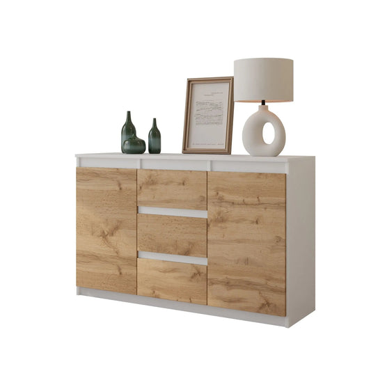 MIKEL - Kommode / Sideboard mit 3 Schubladen und 2 Türen - Weiß Matt / Wotan Eiche H75cm B120cm T35cm – Furnica