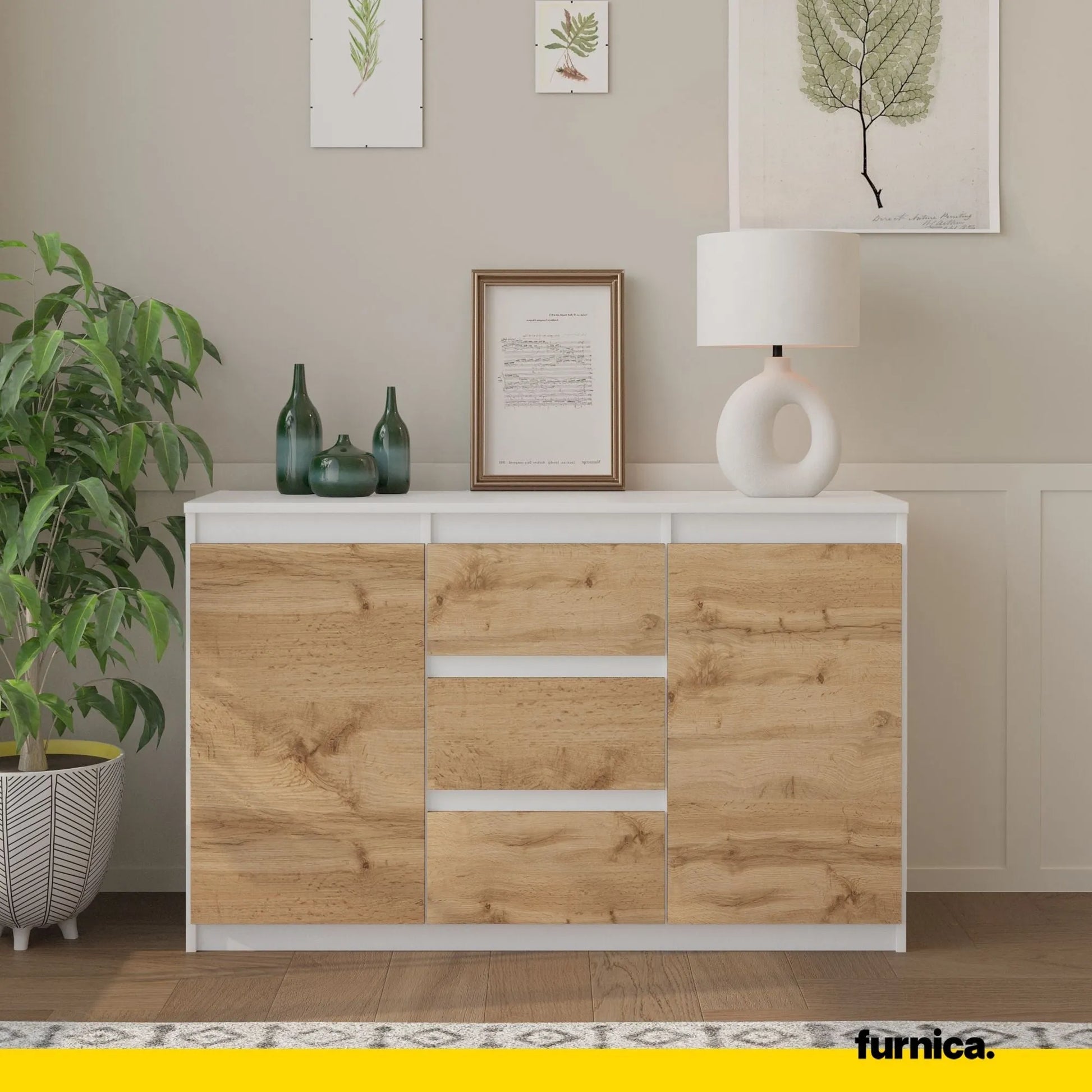 MIKEL - Kommode / Sideboard mit 3 Schubladen und 2 Türen - Weiß Matt / Wotan Eiche H75cm B120cm T35cm – Furnica