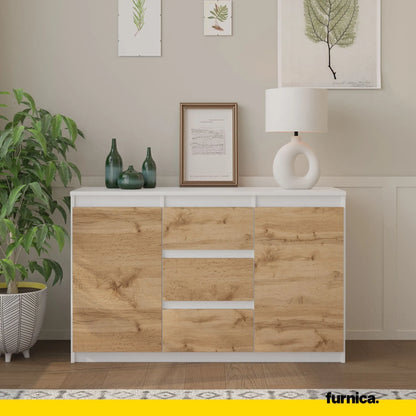 MIKEL - Kommode / Sideboard mit 3 Schubladen und 2 Türen - Weiß Matt / Wotan Eiche H75cm B120cm T35cm – Furnica