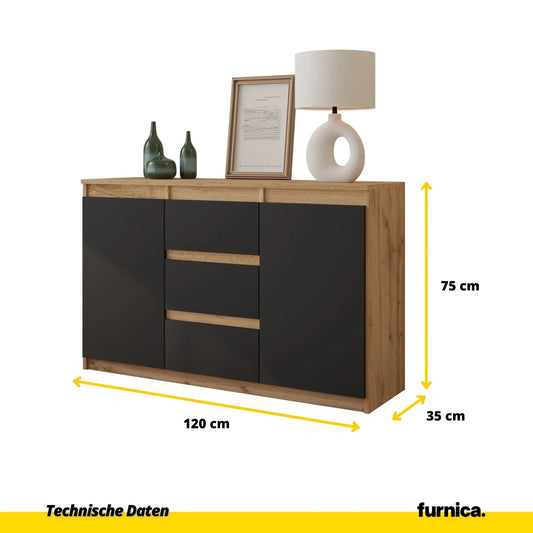 MIKEL - Kommode / Sideboard mit 3 Schubladen und 2 Türen - Wotan Eiche / Anthrazit Grau H75cm B120cm T35cm – Furnica