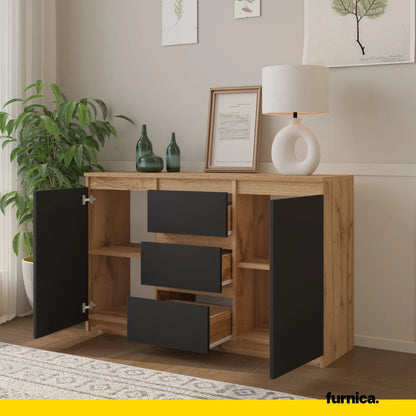MIKEL - Kommode / Sideboard mit 3 Schubladen und 2 Türen - Wotan Eiche / Anthrazit Grau H75cm B120cm T35cm – Furnica
