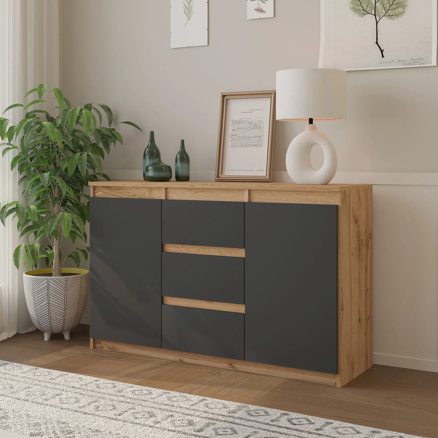 MIKEL - Kommode / Sideboard mit 3 Schubladen und 2 Türen - Wotan Eiche / Anthrazit Grau H75cm B120cm T35cm – Furnica
