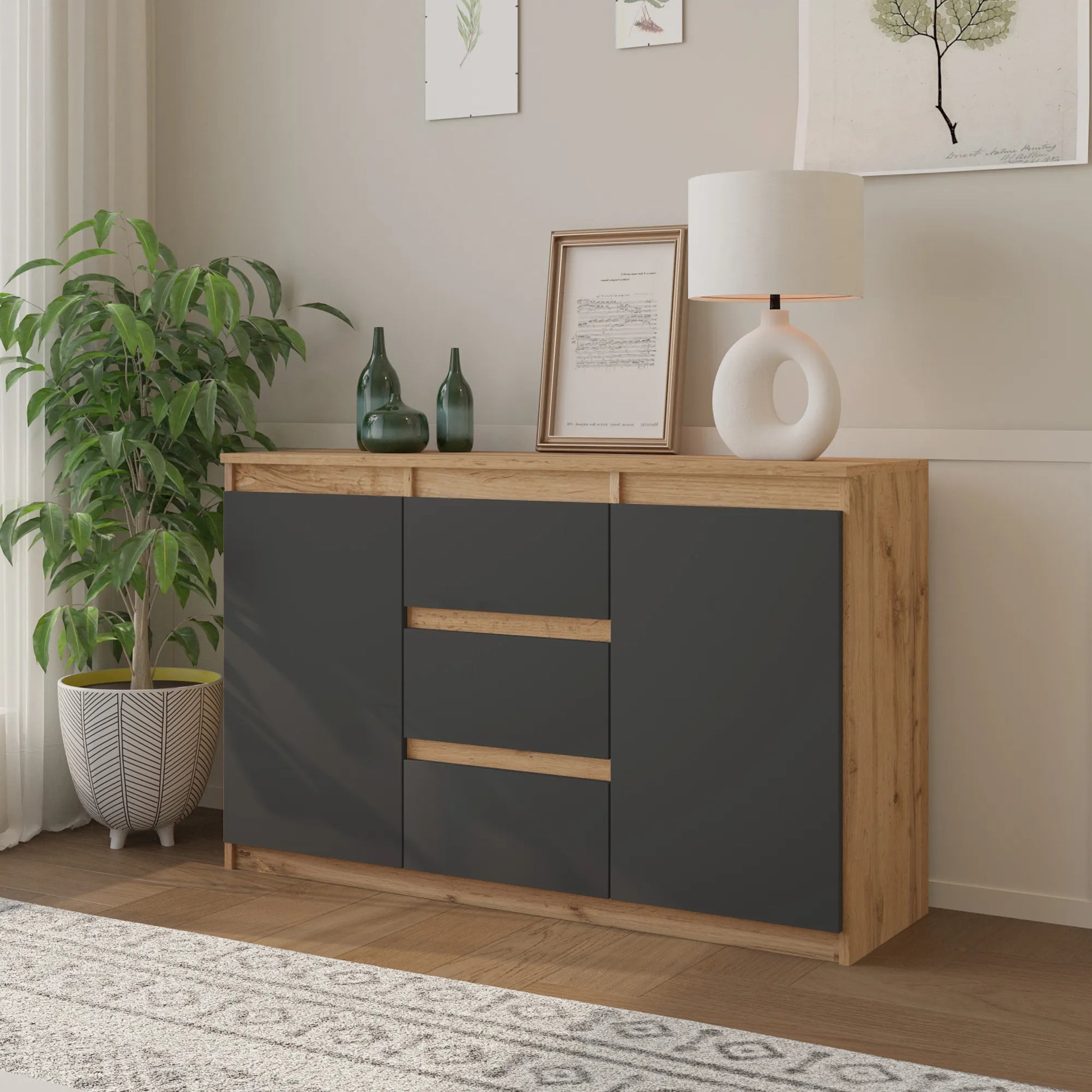 MIKEL - Kommode / Sideboard mit 3 Schubladen und 2 Türen - Wotan Eiche / Anthrazit Grau H75cm B120cm T35cm – Furnica