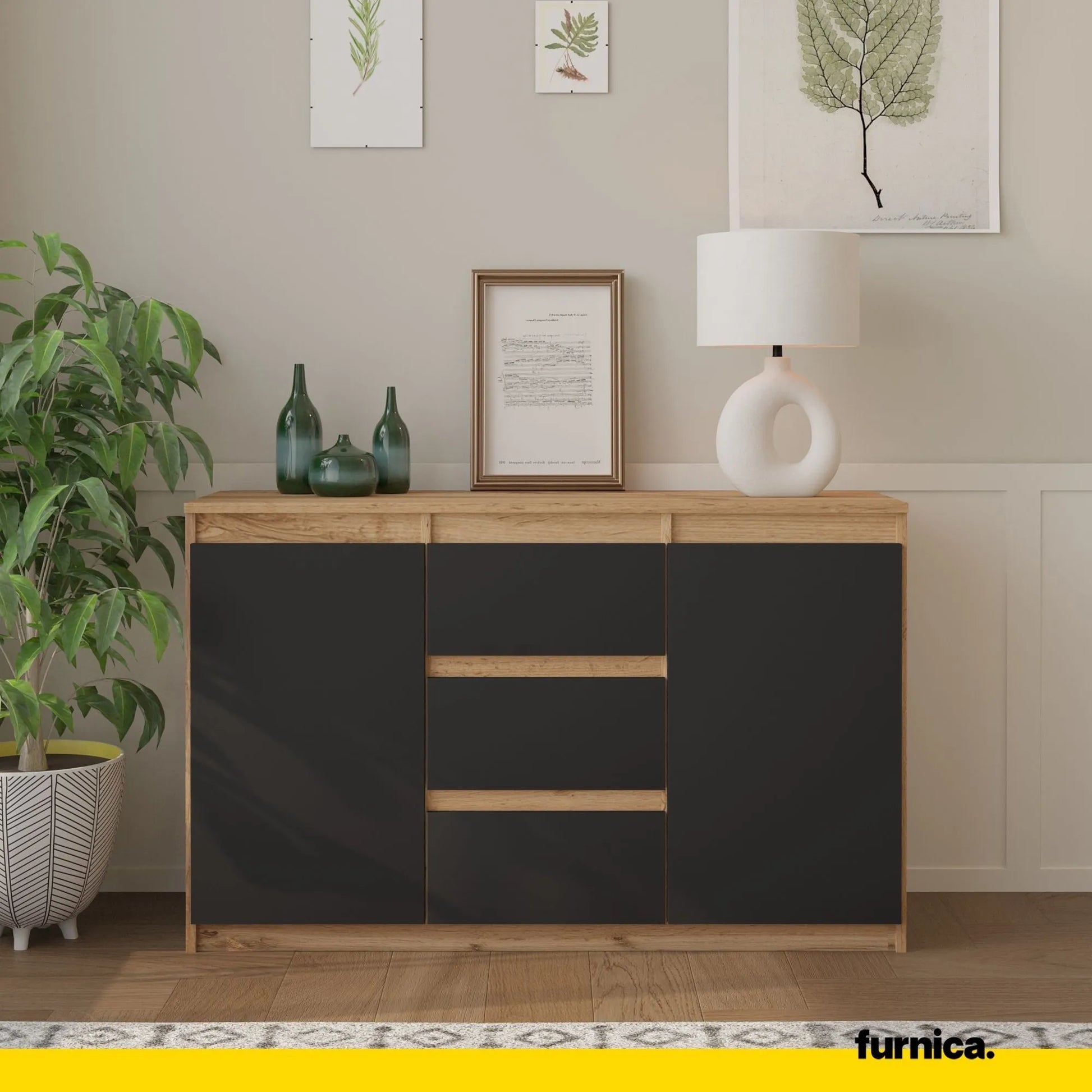 MIKEL - Kommode / Sideboard mit 3 Schubladen und 2 Türen - Wotan Eiche / Anthrazit Grau H75cm B120cm T35cm – Furnica