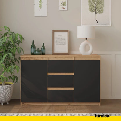 MIKEL - Kommode / Sideboard mit 3 Schubladen und 2 Türen - Wotan Eiche / Anthrazit Grau H75cm B120cm T35cm – Furnica