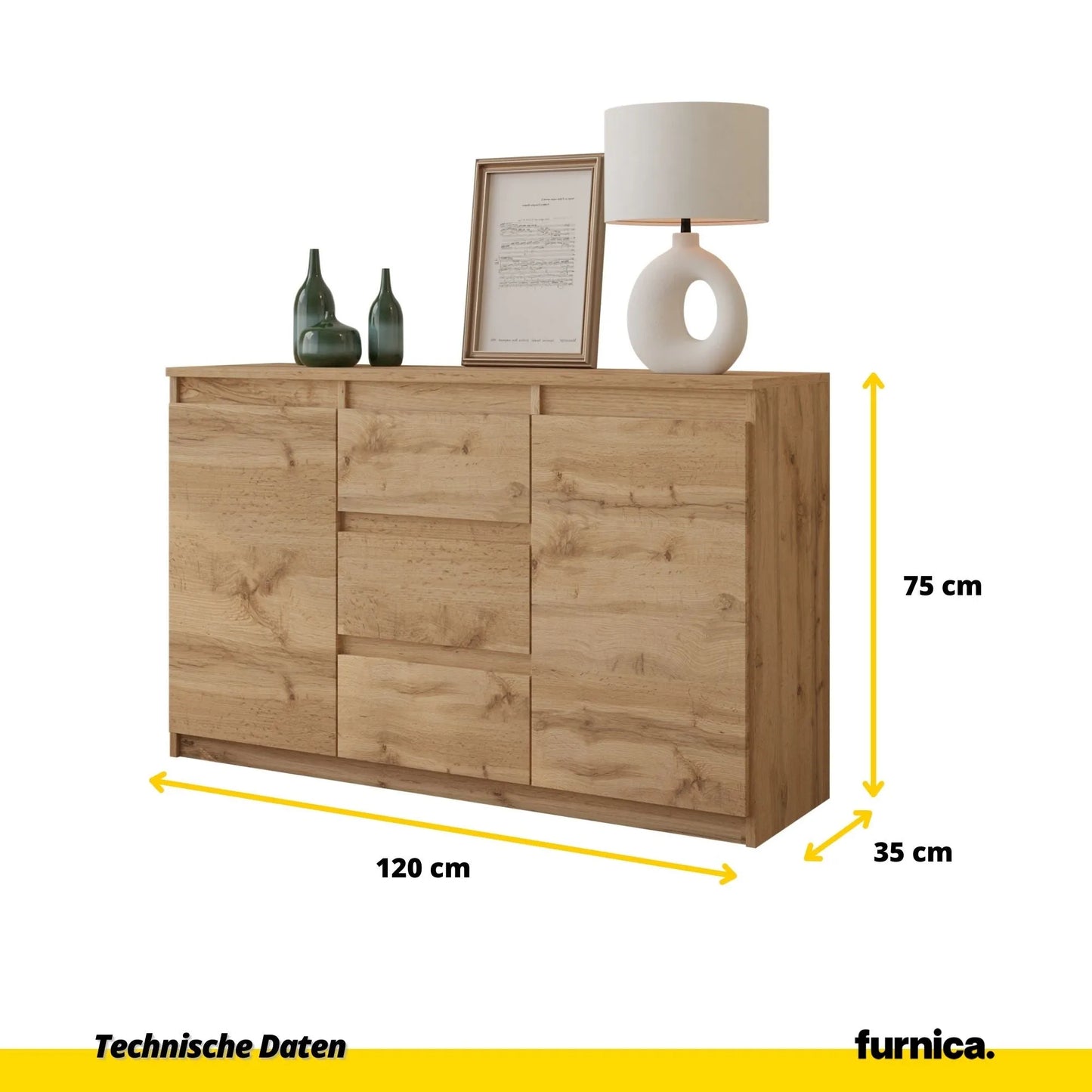 MIKEL - Kommode / Sideboard mit 3 Schubladen und 2 Türen - Wotan Eiche H75cm B120cm T35cm – Furnica
