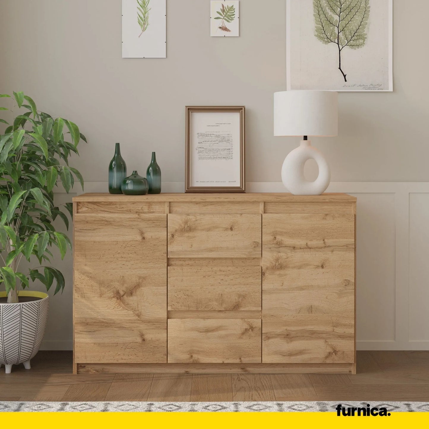 MIKEL - Kommode / Sideboard mit 3 Schubladen und 2 Türen - Wotan Eiche H75cm B120cm T35cm – Furnica