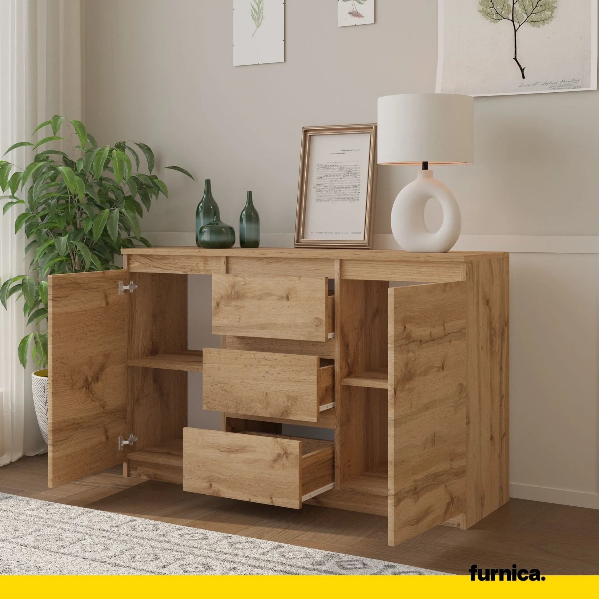 MIKEL - Kommode / Sideboard mit 3 Schubladen und 2 Türen - Wotan Eiche H75cm B120cm T35cm – Furnica