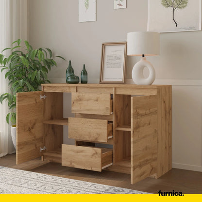 MIKEL - Kommode / Sideboard mit 3 Schubladen und 2 Türen - Wotan Eiche H75cm B120cm T35cm – Furnica