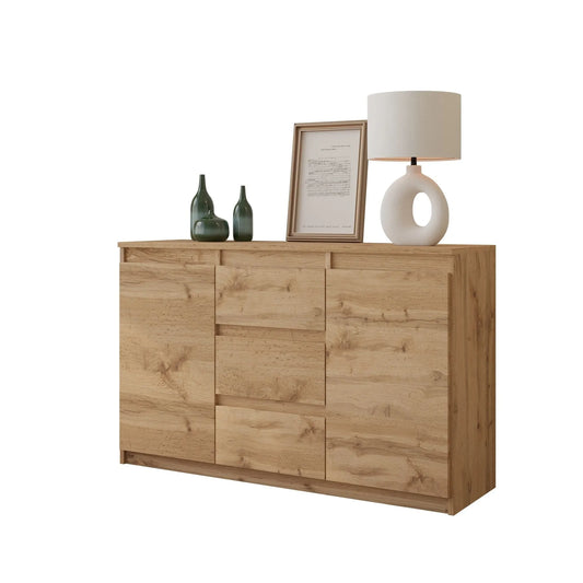 MIKEL - Kommode / Sideboard mit 3 Schubladen und 2 Türen - Wotan Eiche H75cm B120cm T35cm – Furnica