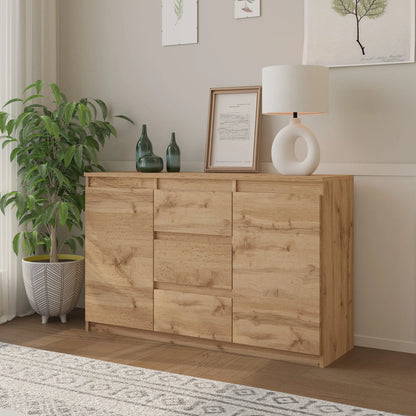 MIKEL - Kommode / Sideboard mit 3 Schubladen und 2 Türen - Wotan Eiche H75cm B120cm T35cm – Furnica
