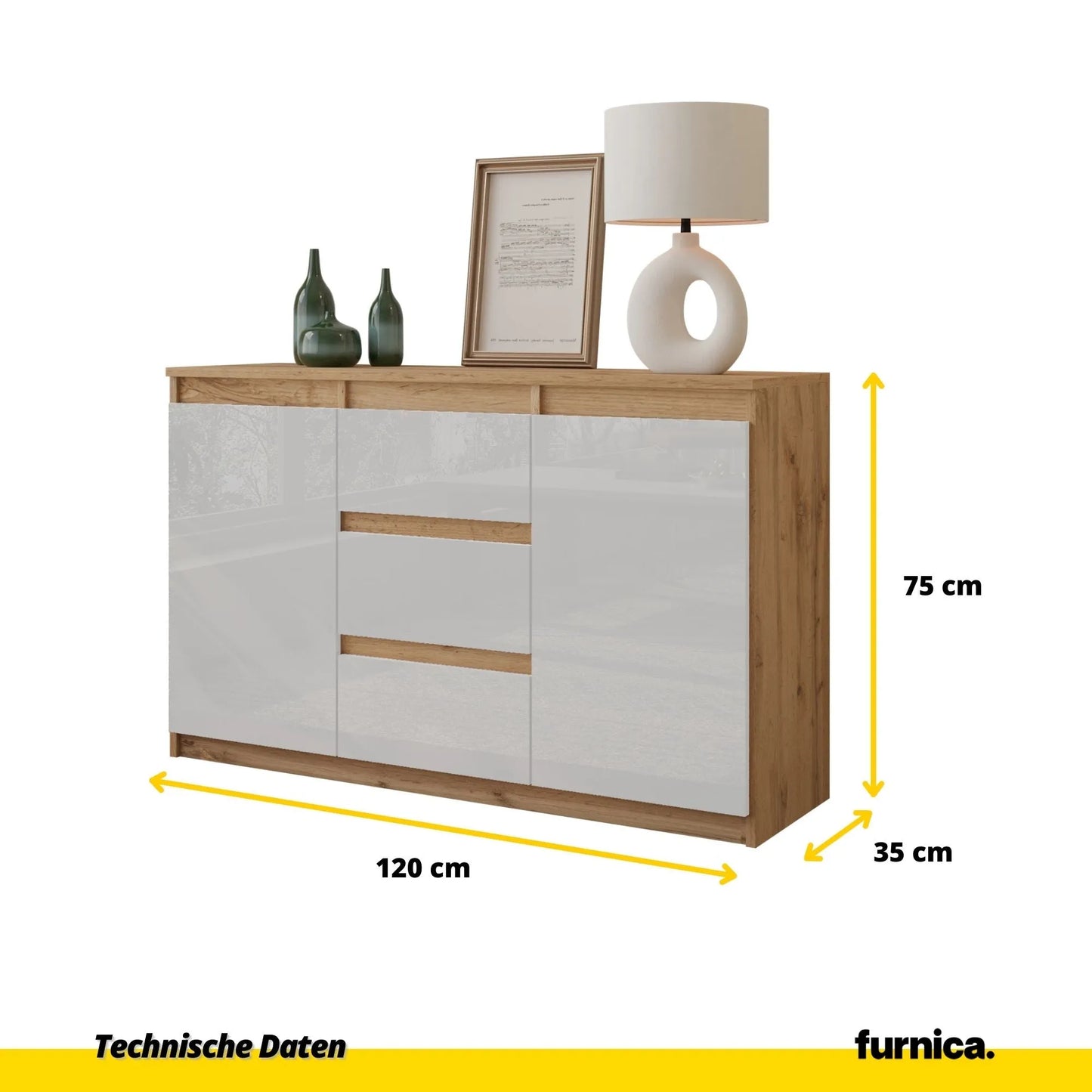 MIKEL - Kommode / Sideboard mit 3 Schubladen und 2 Türen - Wotan Eiche / Weiß Gloss H75cm B120cm T35cm – Furnica