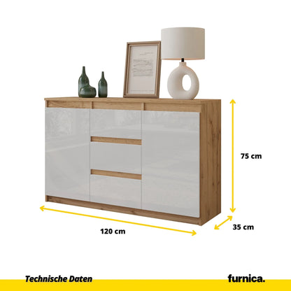MIKEL - Kommode / Sideboard mit 3 Schubladen und 2 Türen - Wotan Eiche / Weiß Gloss H75cm B120cm T35cm – Furnica