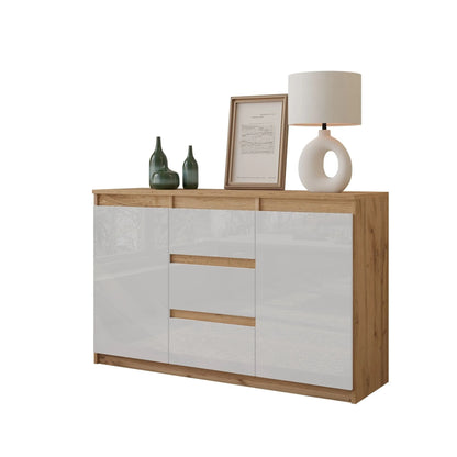 MIKEL - Kommode / Sideboard mit 3 Schubladen und 2 Türen - Wotan Eiche / Weiß Gloss H75cm B120cm T35cm – Furnica