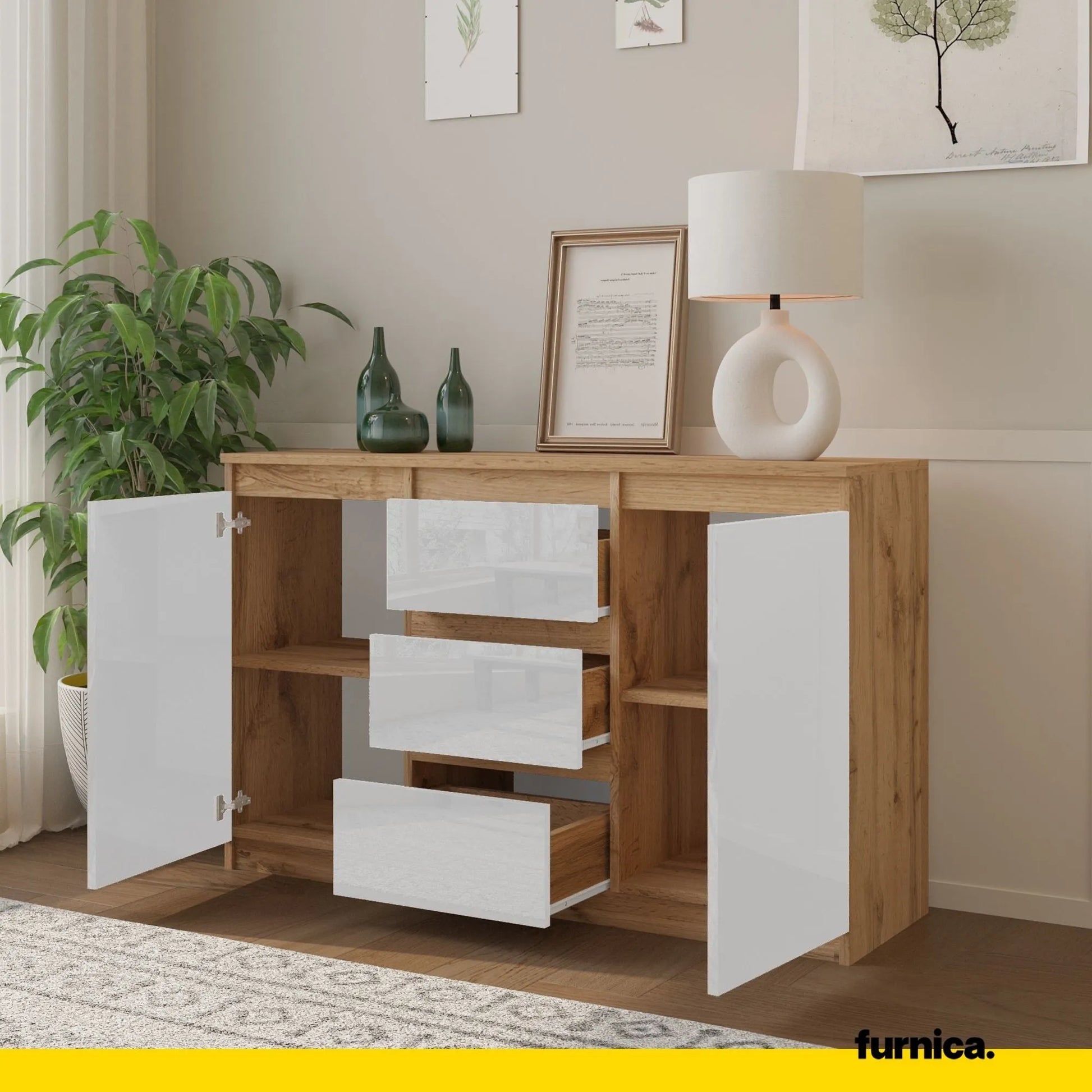 MIKEL - Kommode / Sideboard mit 3 Schubladen und 2 Türen - Wotan Eiche / Weiß Gloss H75cm B120cm T35cm – Furnica
